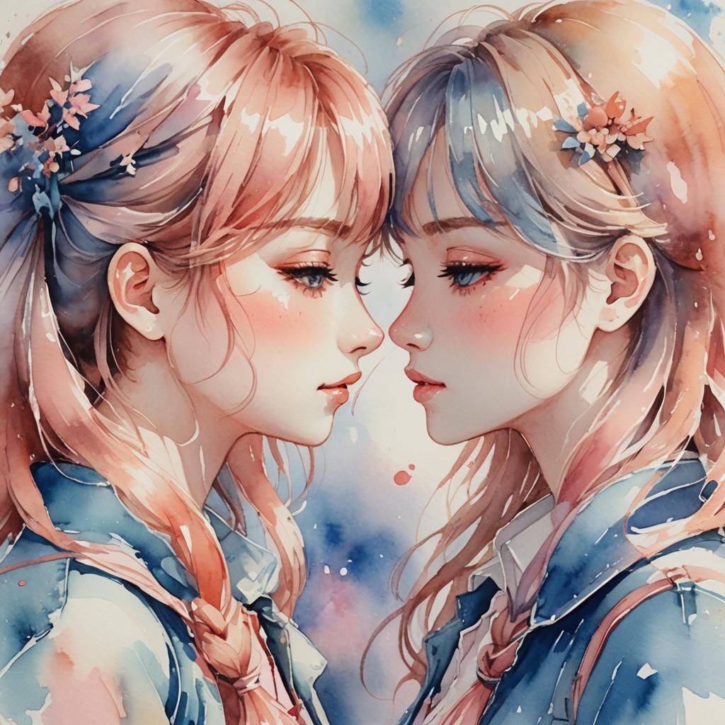 Watercolor Anime: Two Girls Kissing in Soft Light