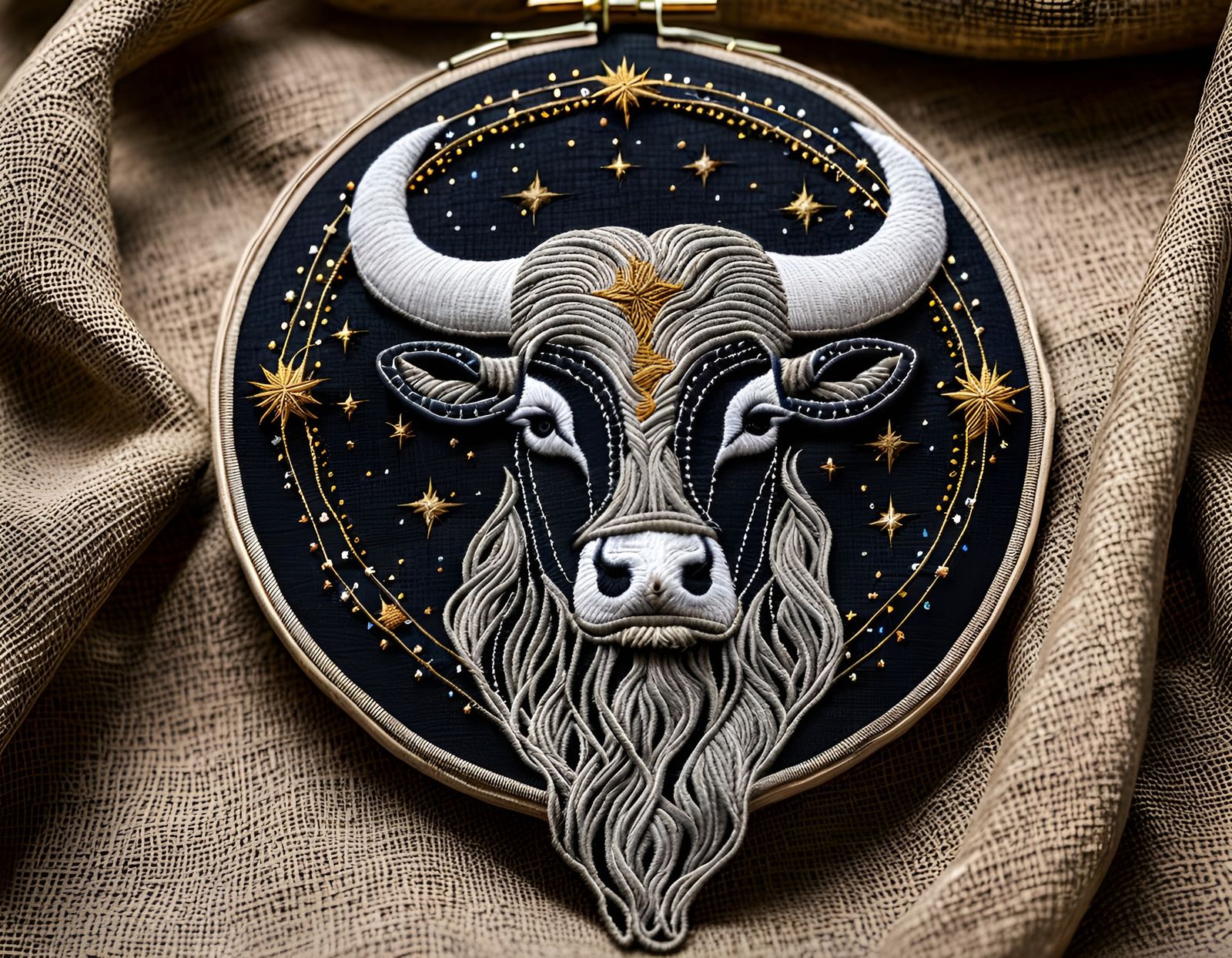 Embroidered Taurus Zodiac Symbol on Linen