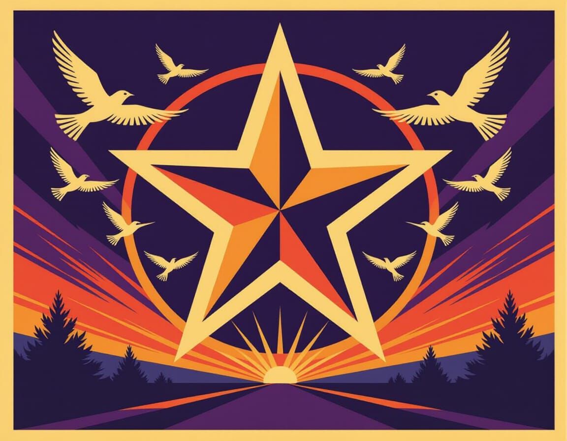 Bold Graphic Illustration of Star and Birds on Purple