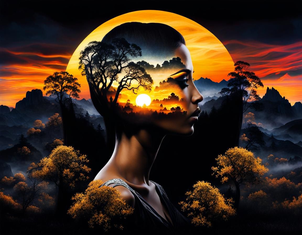 Gothic Double Exposure Landscape in Oil Painting Style