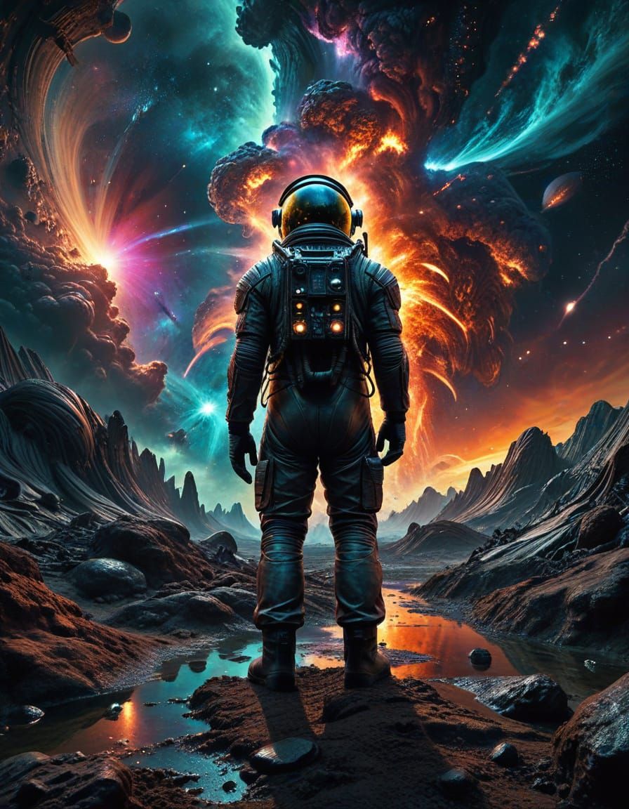 Astronaut Gazing at Nebula in Surrealist Sci-Fi Art