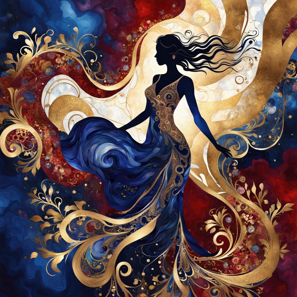 Elegant Woman in Abstract Fluid Art with Gold