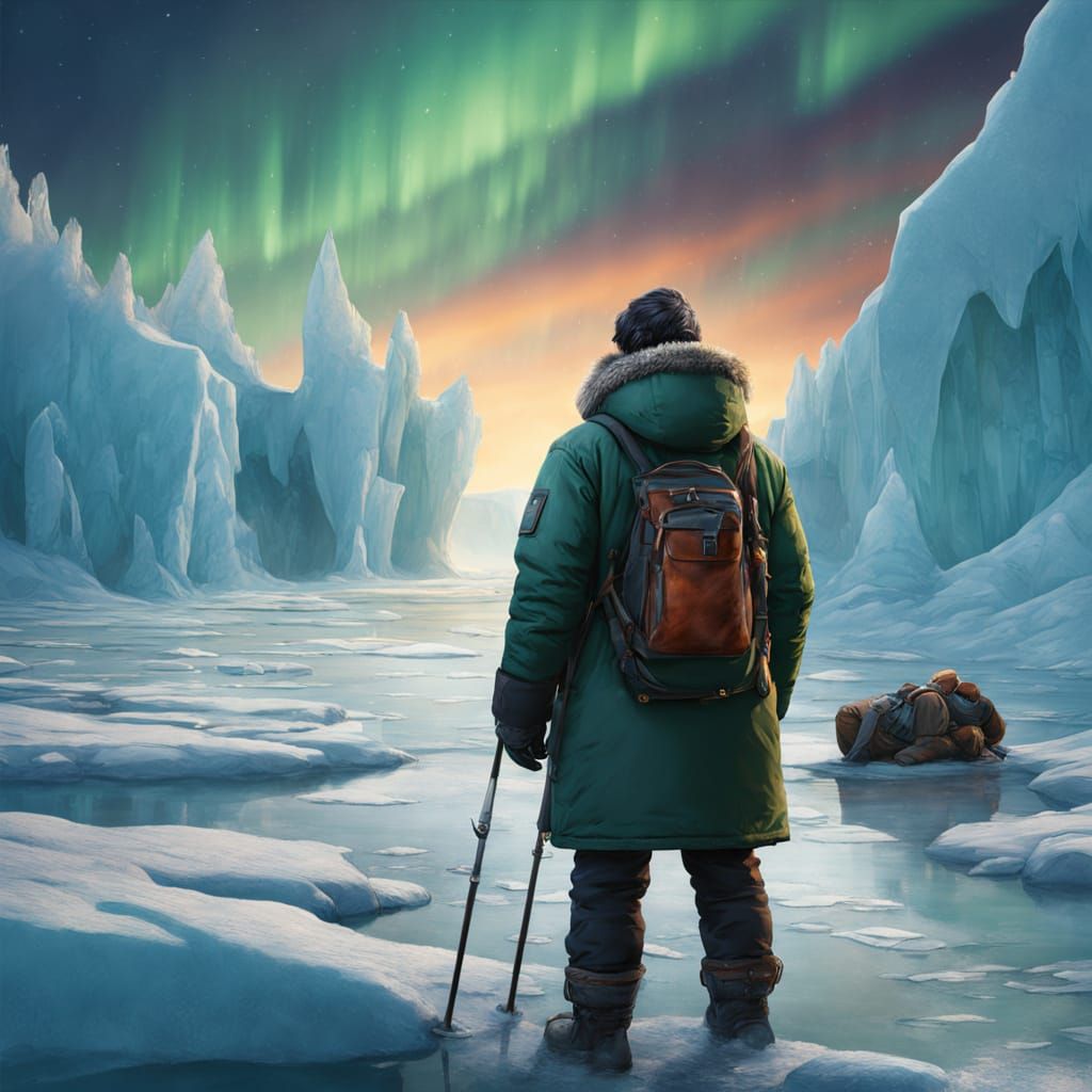 Eskimo Waits at Arctic Blowhole in Vibrant Oil Painting