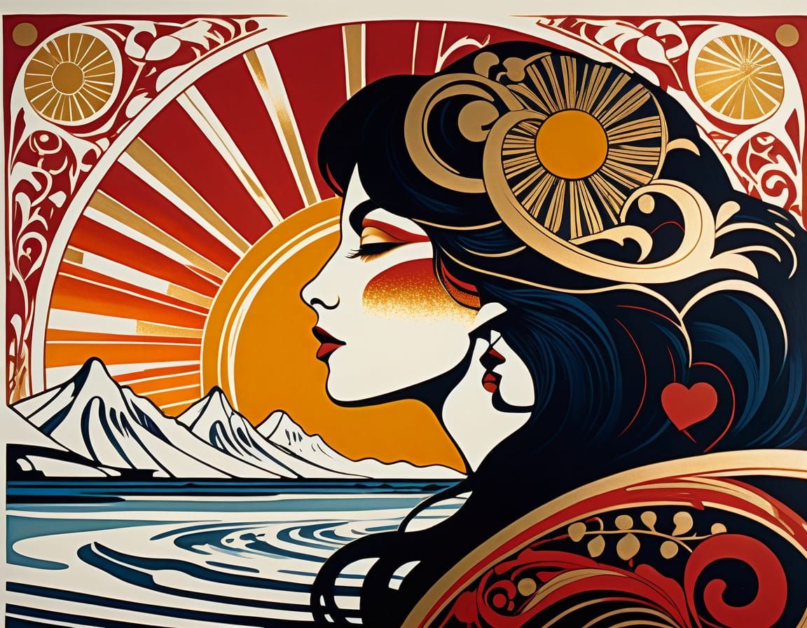 Art Nouveau Beach Scene in Winter Landscape