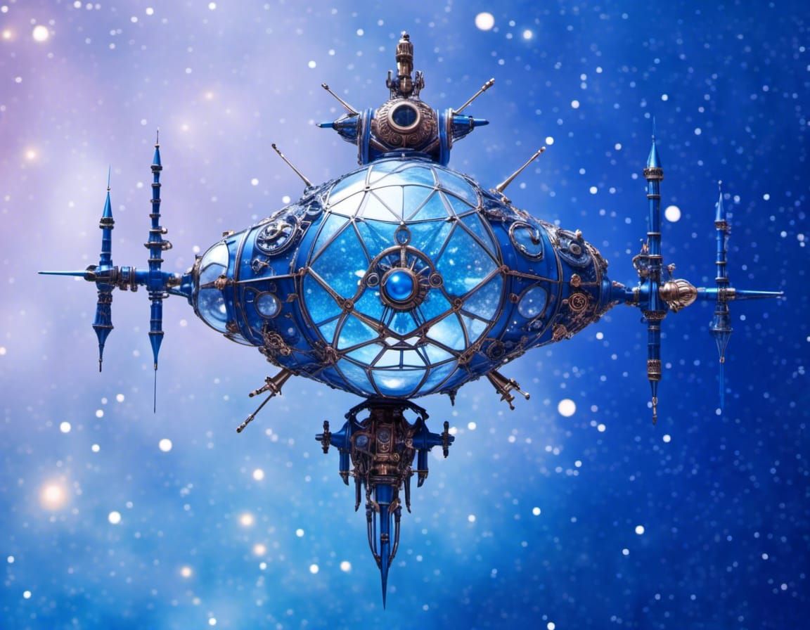 Steampunk Spaceship with Geometric Starlight Background