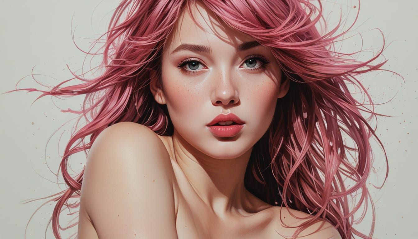 Hyperrealistic Pink-Haired Pin-Up in Carne Griffiths Style