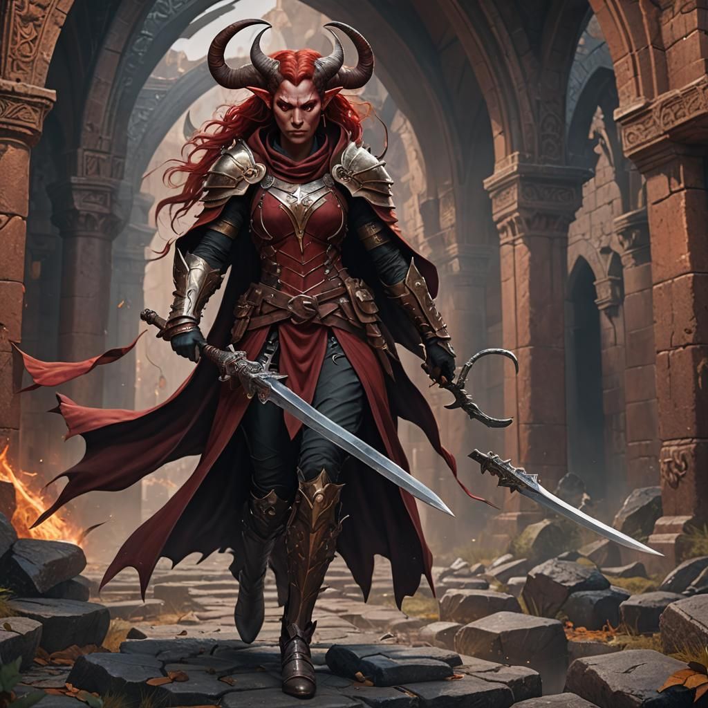 Tiefling Warrior with Swords in Fantasy Art Style