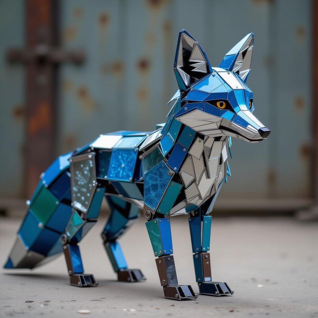 Steampunk Blue Fox Sculpture of Metal and Glass