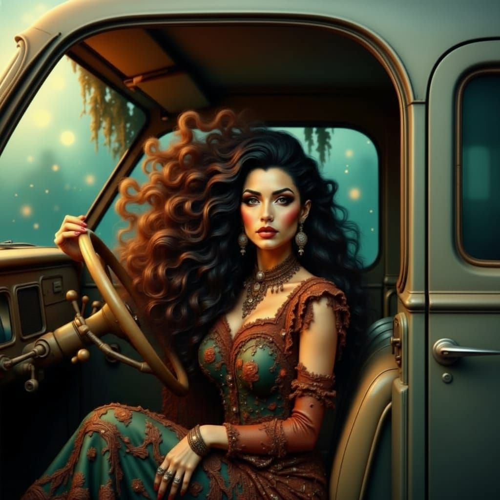 Mysterious Woman in 80s Truck with Big Hair