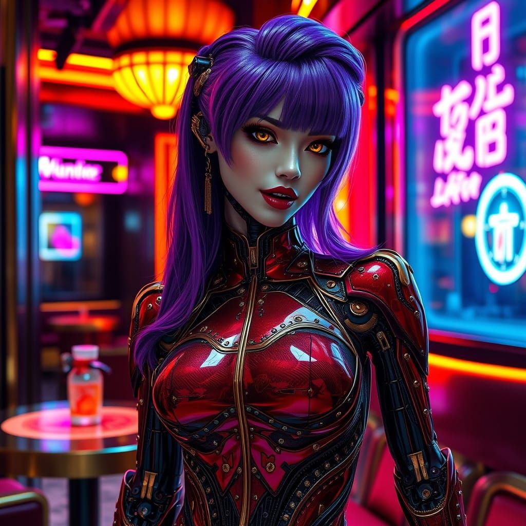 Cyberpunk Hostess in Robot Cheongsam with Neon Lights
