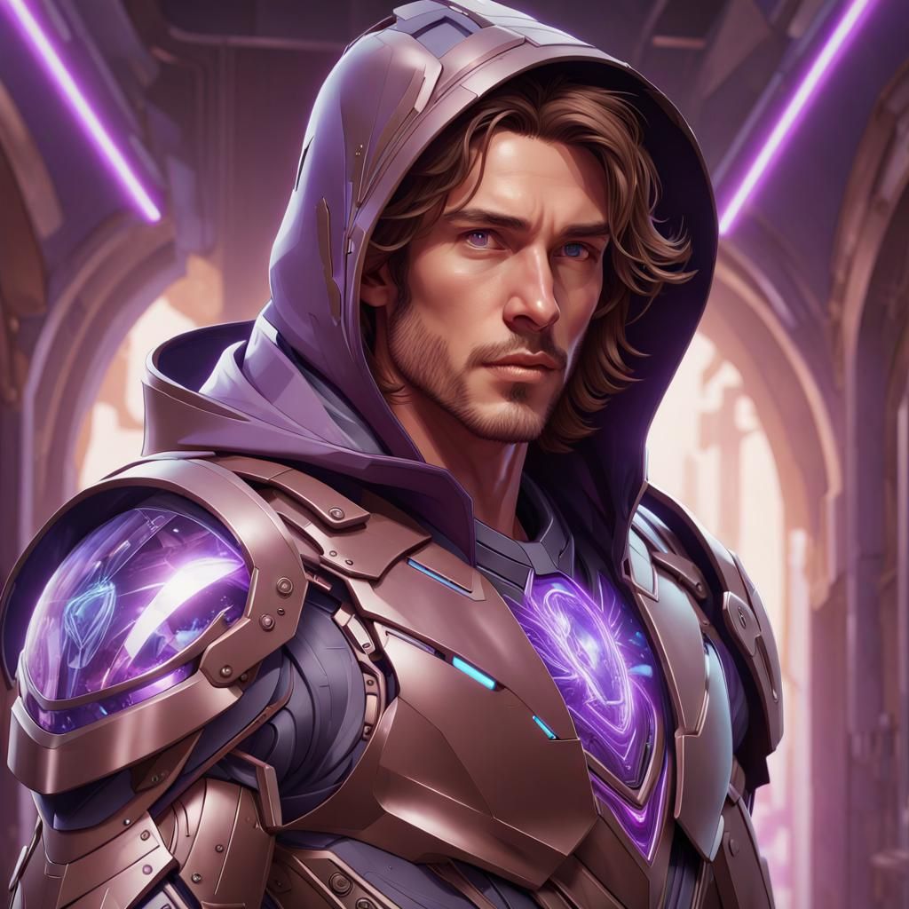 Futuristic Armored Man with Purple Aura, Detailed Portrait