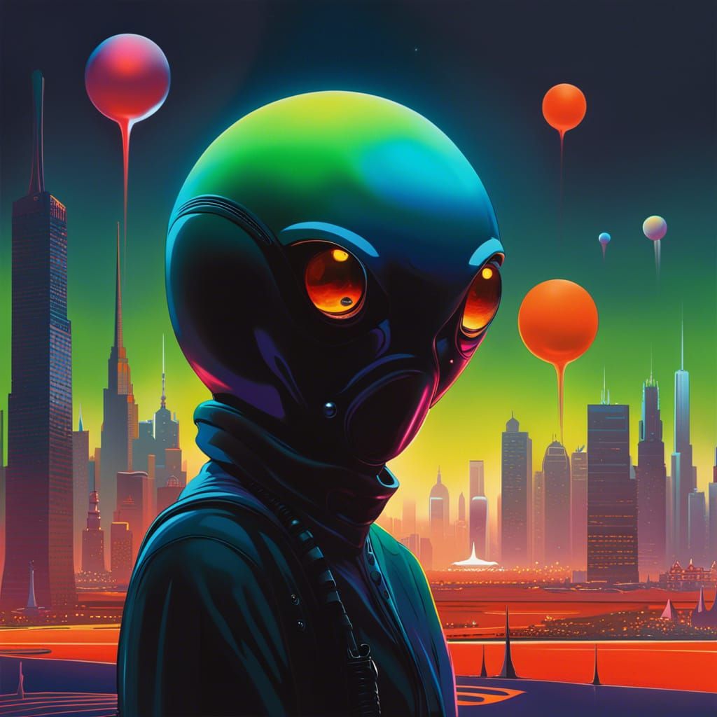 Alien in Extraterrestrial Cityscape with Saturated Colors