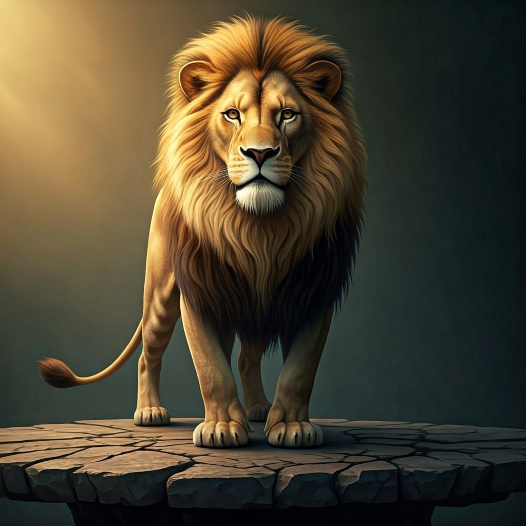 Golden Maned Lion on Stone Table at Sunrise