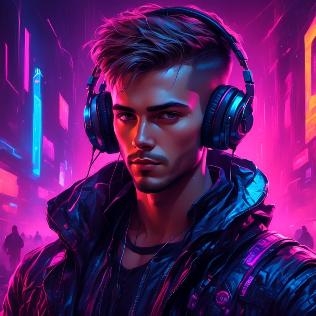 Cyberpunk Male Listens to Synthwave Music in Neon Light