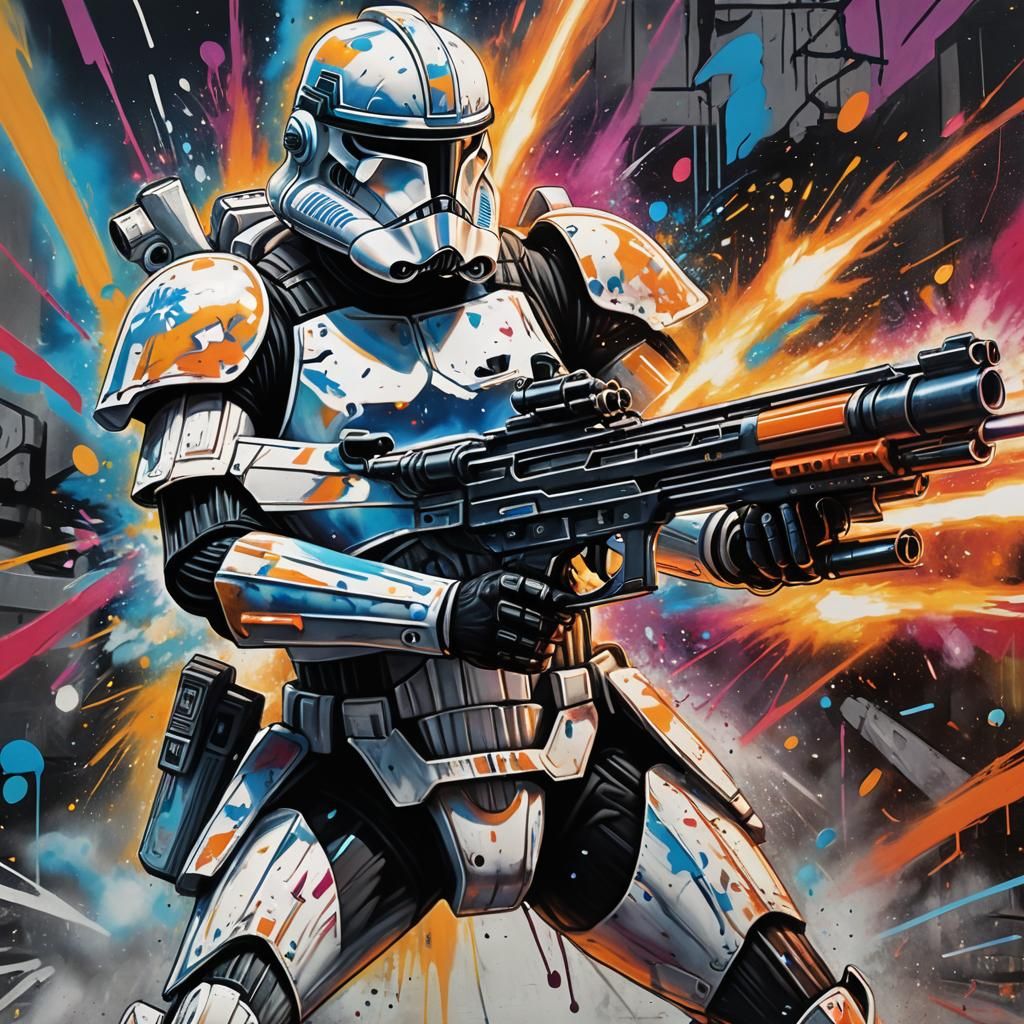 Clone Trooper in Battlefield Action as Graffiti Art