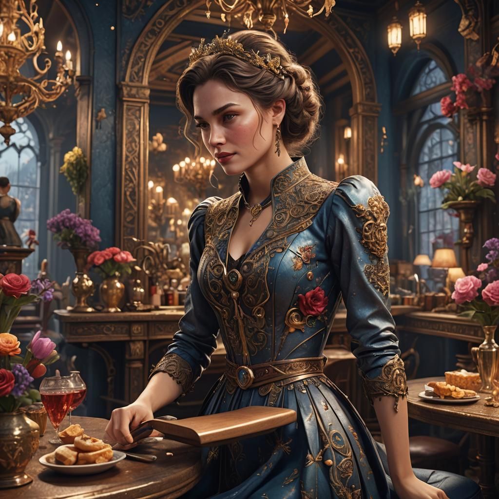 Optimistic Woman Prepares: Detailed Fantasy Concept Art