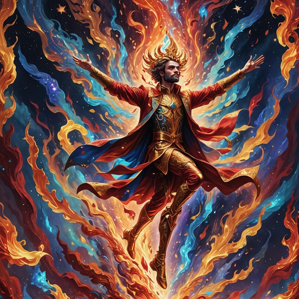 Cosmic Flames Dance: Holographic Astral Illustration