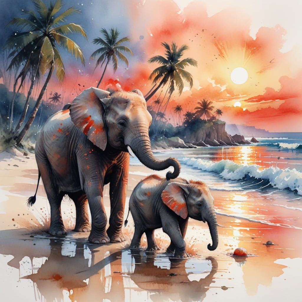 Elephant Calf on Tropical Beach in Watercolour Style
