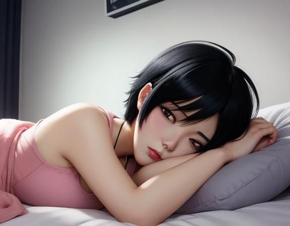 Anime Art: Woman with Headache at Night