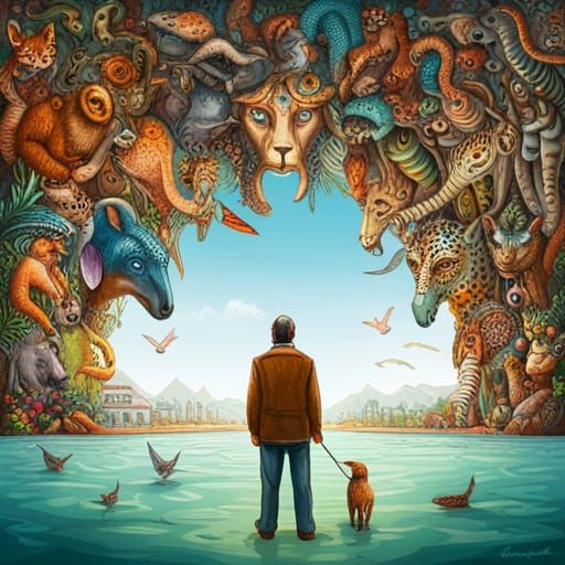 Man Communicating with Animals in Colorful Menagerie