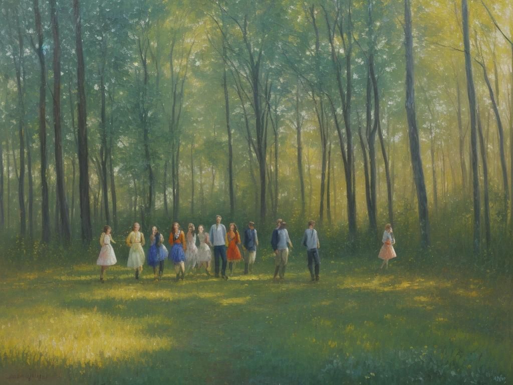 Friends in Sunlit Forest, Impressionist Oil Painting