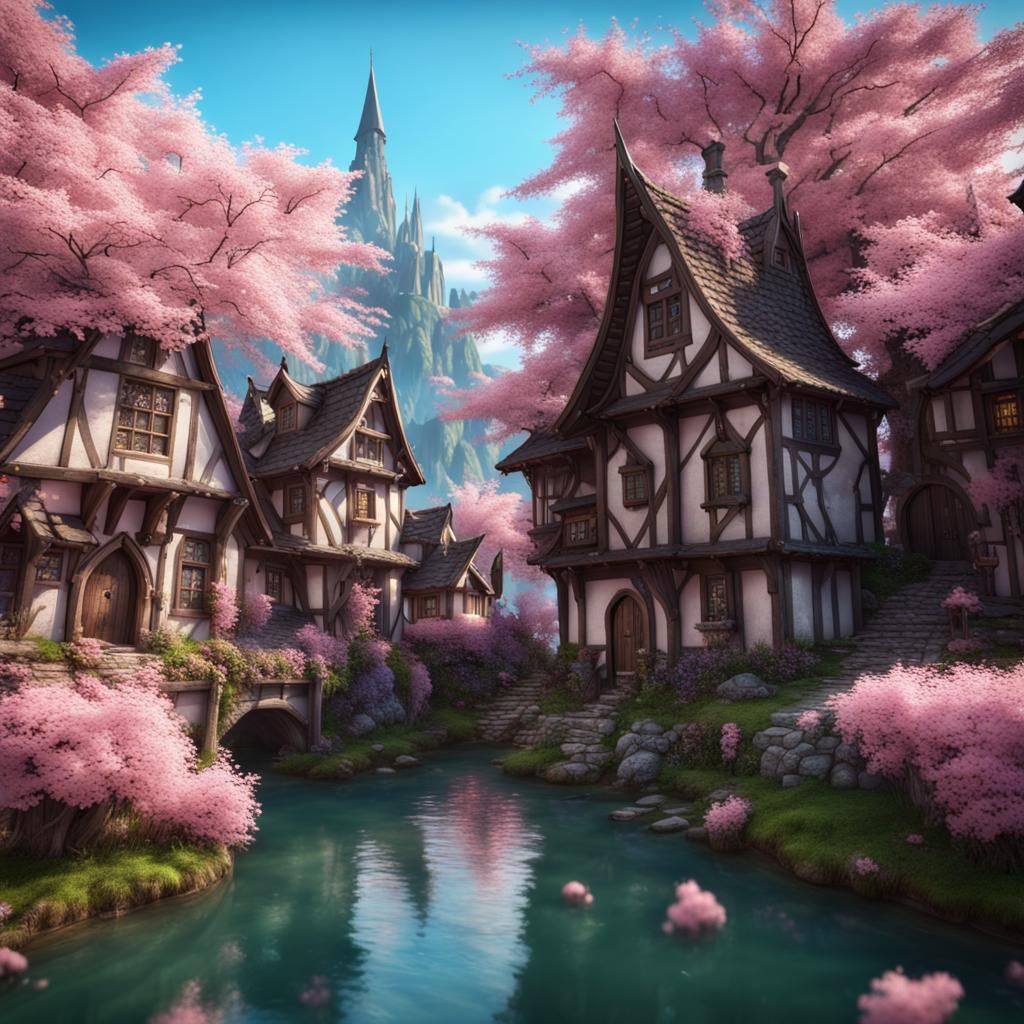 Fantasy Village with Cherry Blossoms, Unreal Engine Art