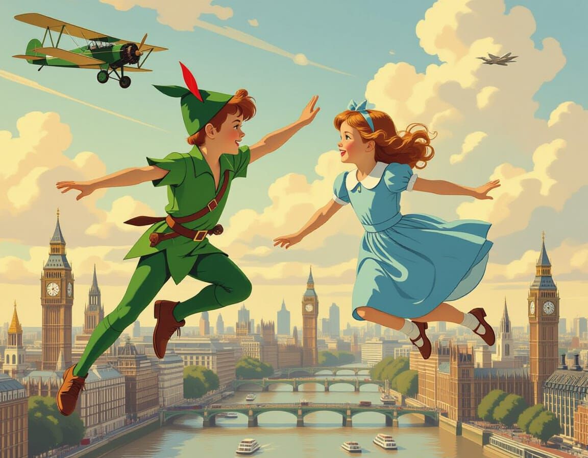 Peter Pan and Wendy Fly Over London, Nostalgic Art