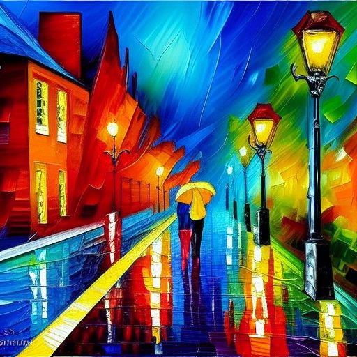 Rainy Street Scene in Expressionist Oil Painting Style