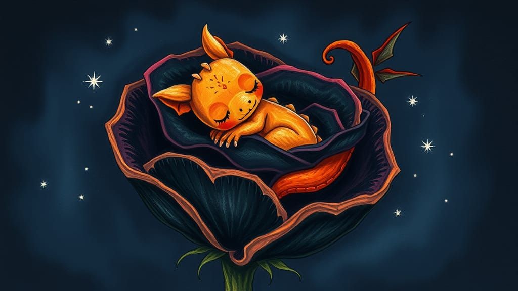 Dragon Snuggled in Black Rose: Naive Folk-Art Illustration