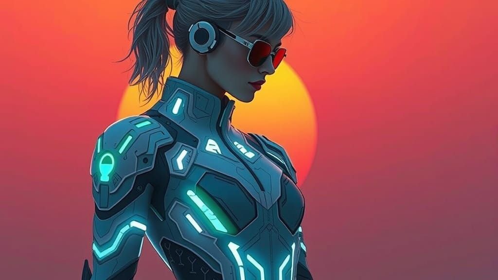 Futuristic Woman in Shimmering Bodysuit Against Sunrise Back...