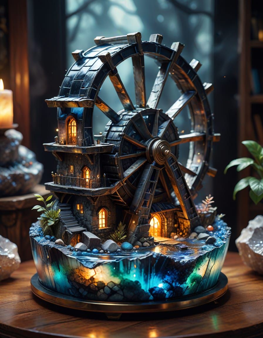 Gemstone Waterwheel on Geode in Cinematic Hyperrealism