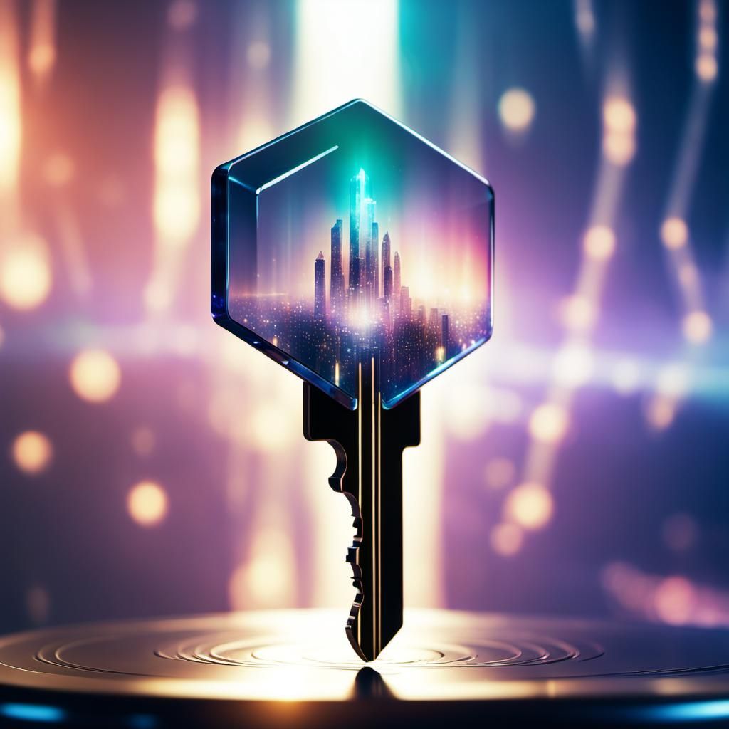 Futuristic Digital Key on Podium in Metallic Crystal