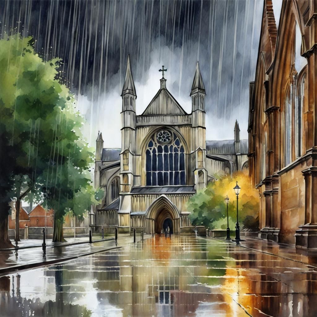 Winchester Cathedral in Watercolour During a Storm