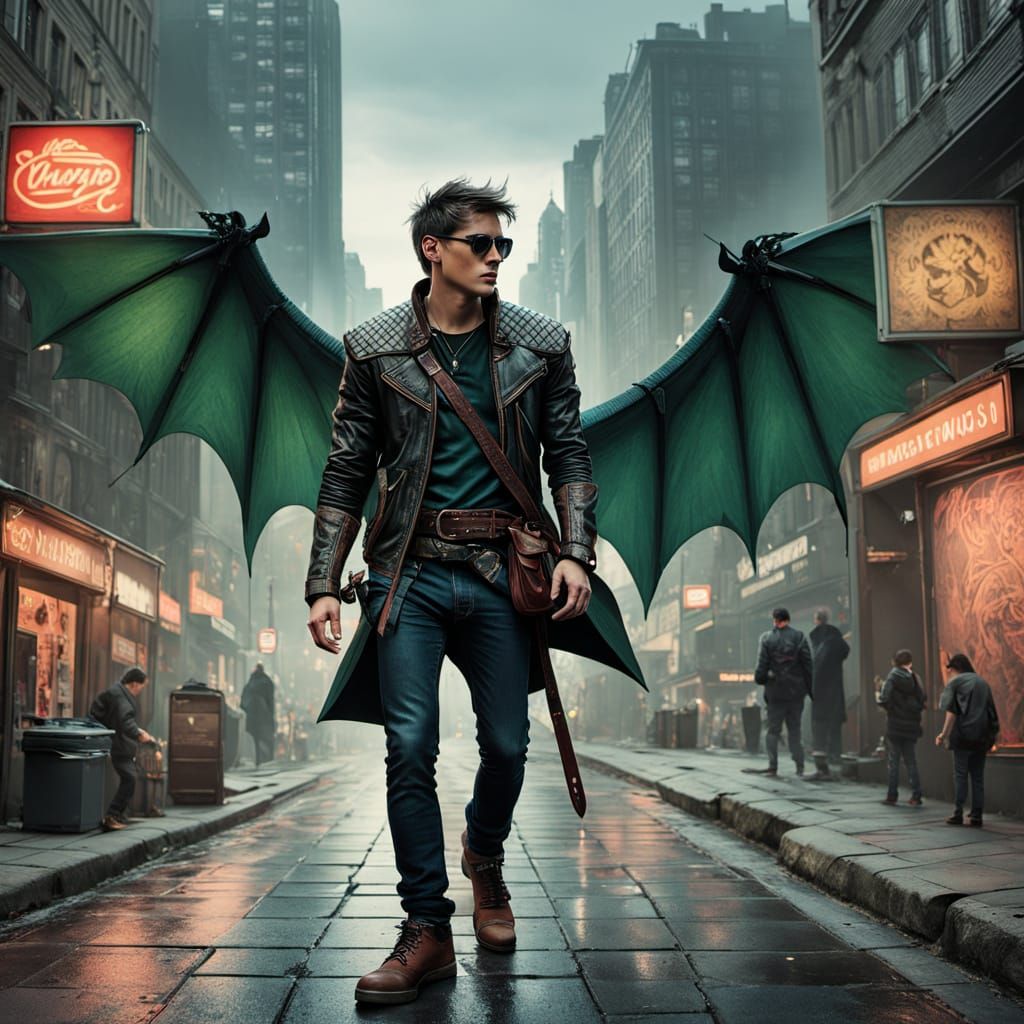 Confident Urban Dandy in Neon-Lit Streets