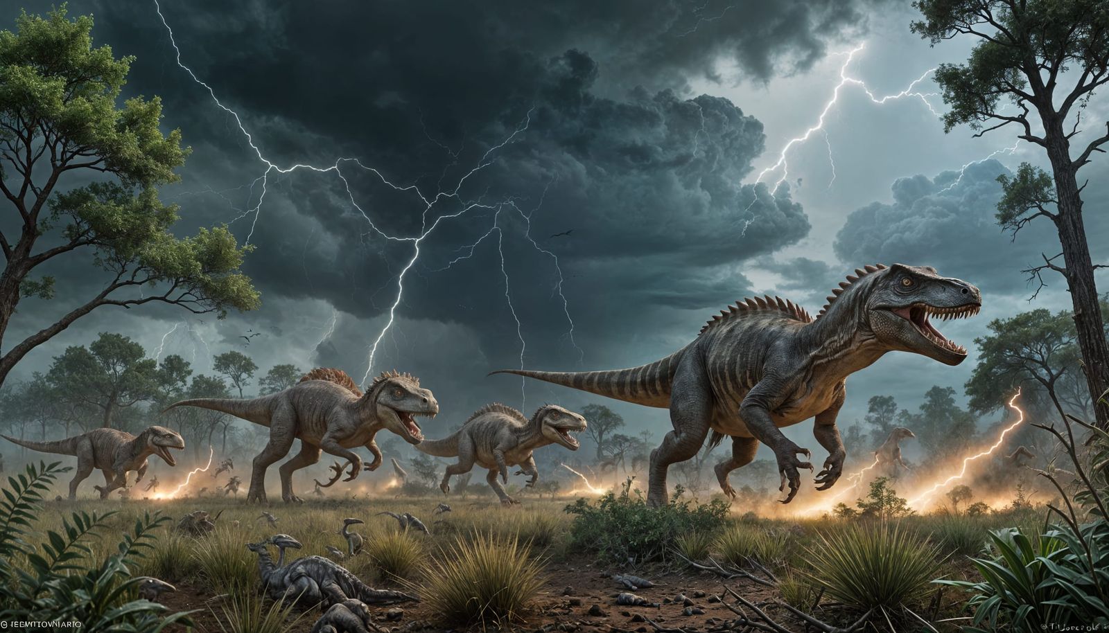 Jurassic Savanna Velociraptors Chase Ankylosaurus Under Stor...