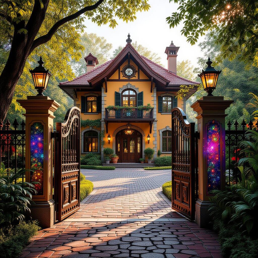 Vibrant House with Ornate Fence in Mystical Style