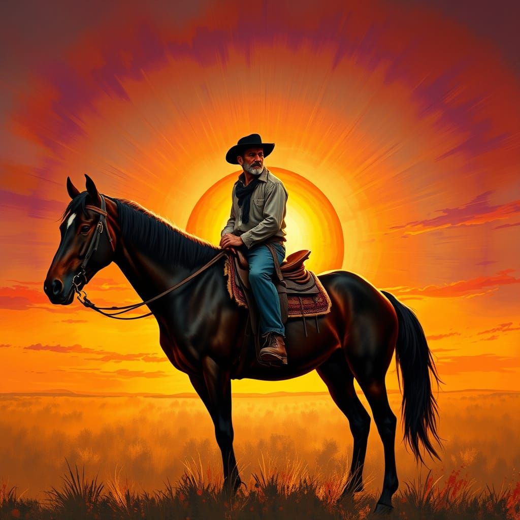 Gaucho Rides Muscular Horse Against Fiery Sunset in Impressi...