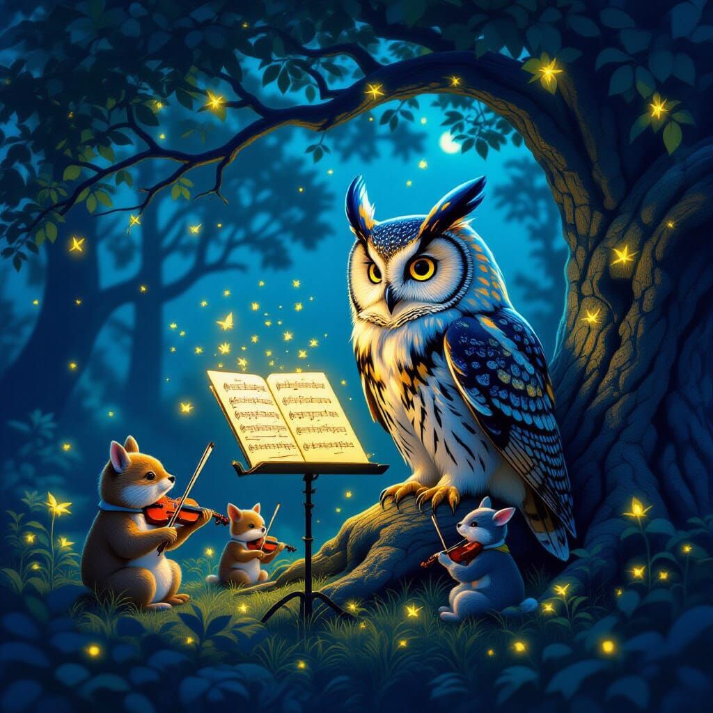 Owl Conductor Leads Forest Symphony in Bioluminescent Tree