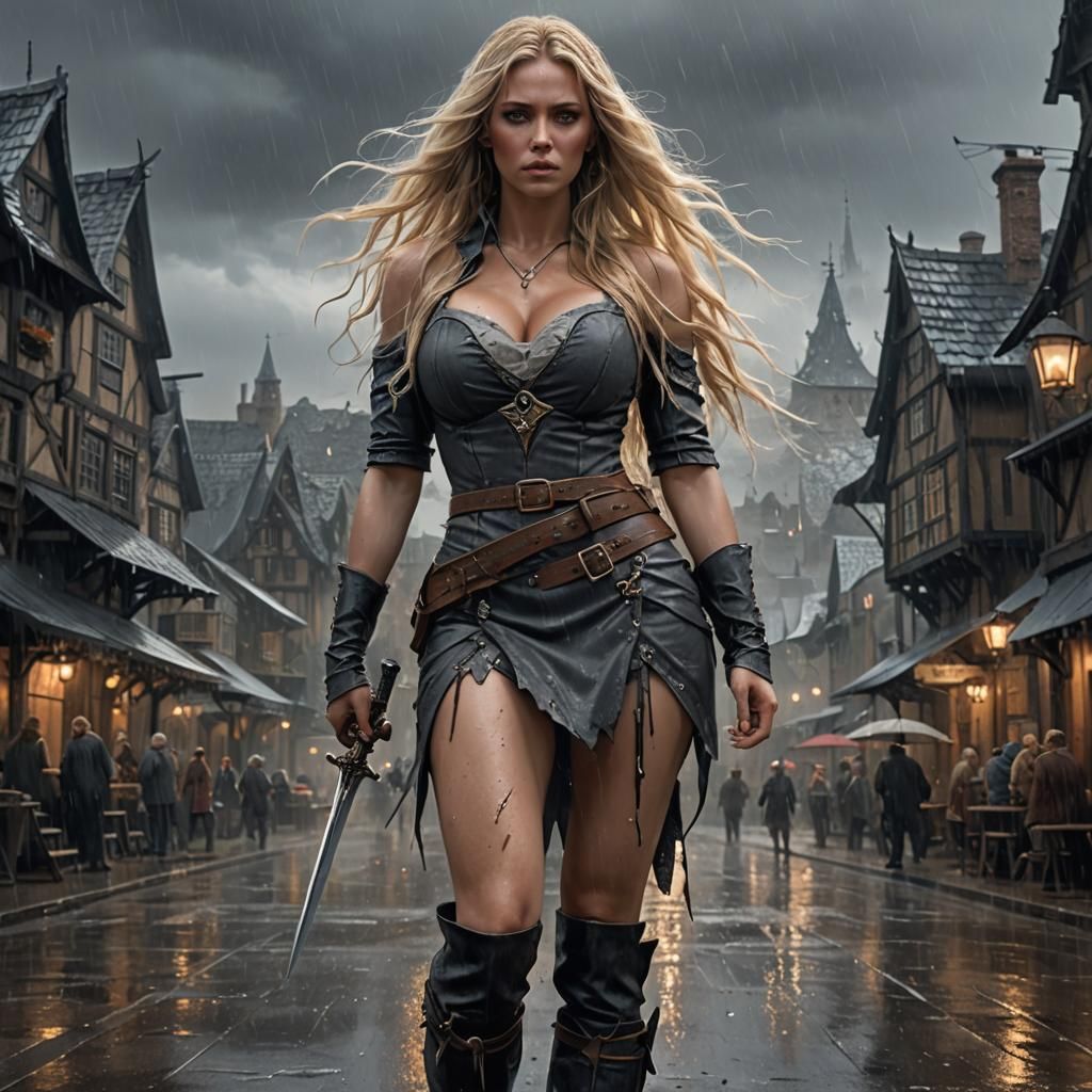 Woman in Torn Dress in Rainy Village Square