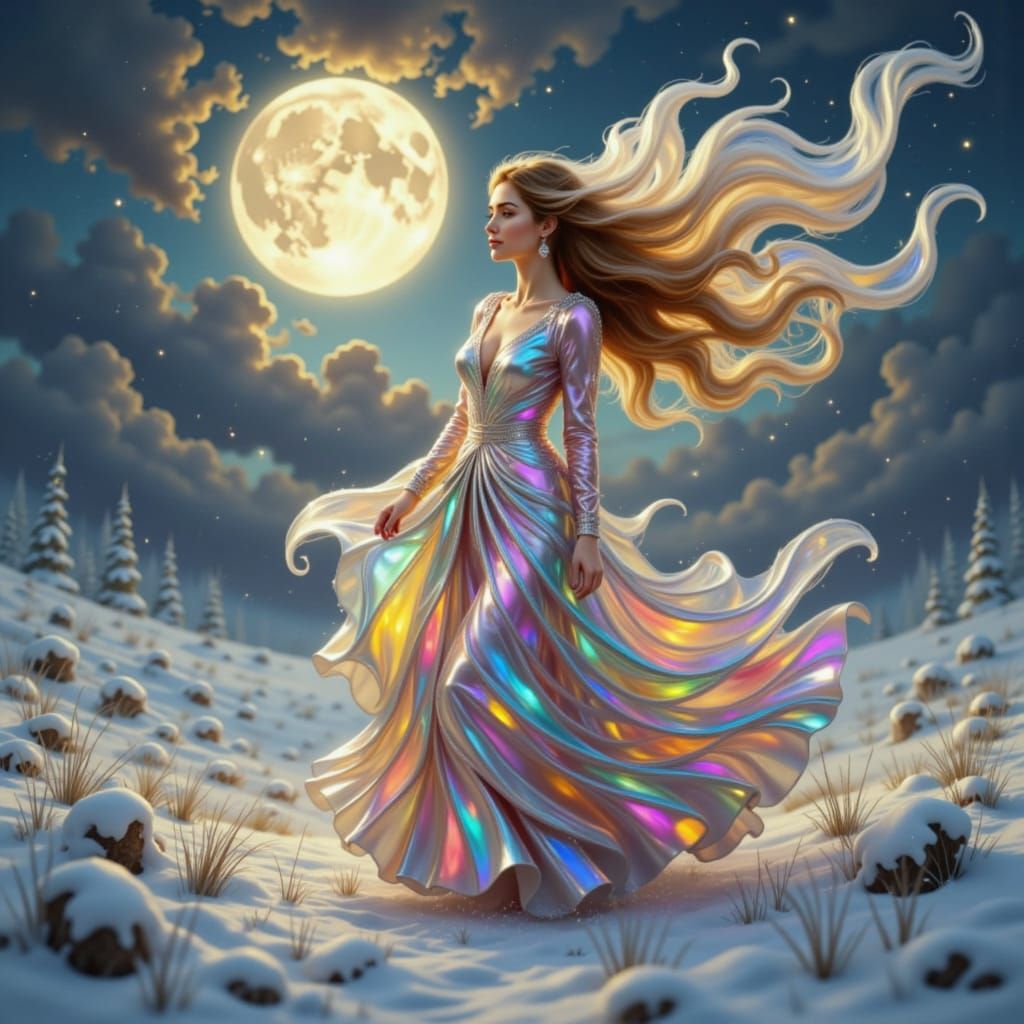 Woman Sculpted From Stained Glass in Snowy Twilight