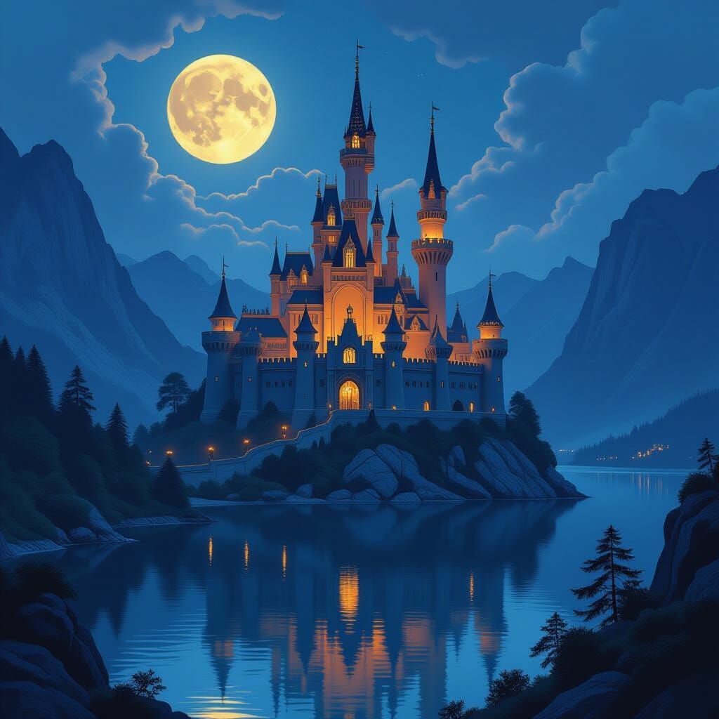 Majestic Castle Under Moonlight: Dreamlike Ambiance
