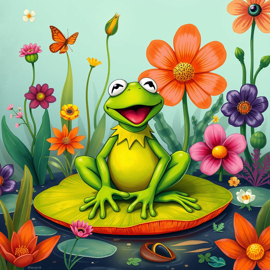 Kermit the Frog in Whimsical Children's Book Illustration