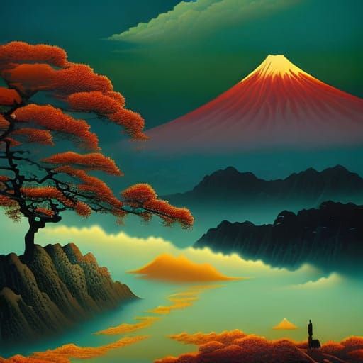 Mount Fuji Reflection at Dusk in Modern Style