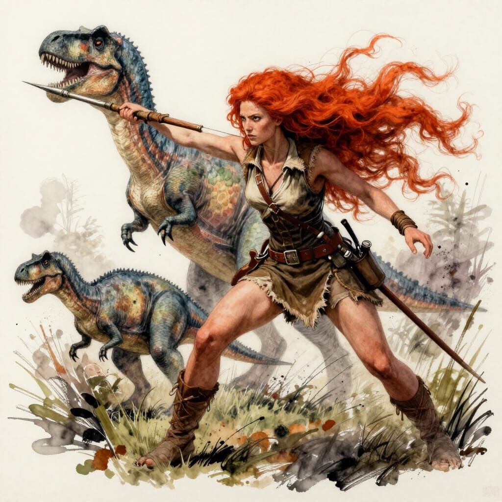 Cave Woman Hunts Dinosaur in Watercolour and Charcoal Sketch