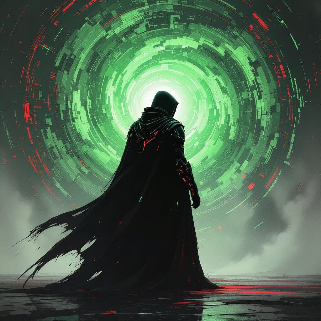 Cyberpunk Hacklord in Emerald and Crimson Light