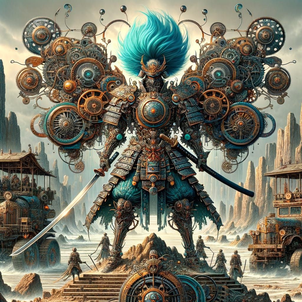 Steampunk Samurai Atop Steam-Powered Golem