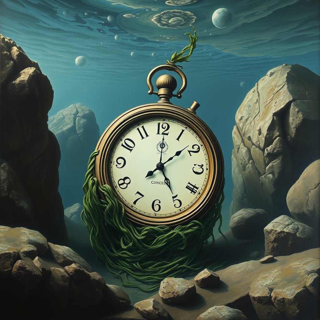 Surreal Submerged Clock in Dreamlike Oil Painting