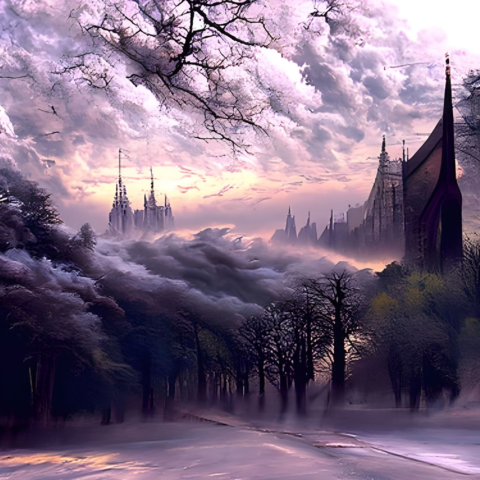Gothic Cathedral in Foggy Victorian London: Hyperrealism