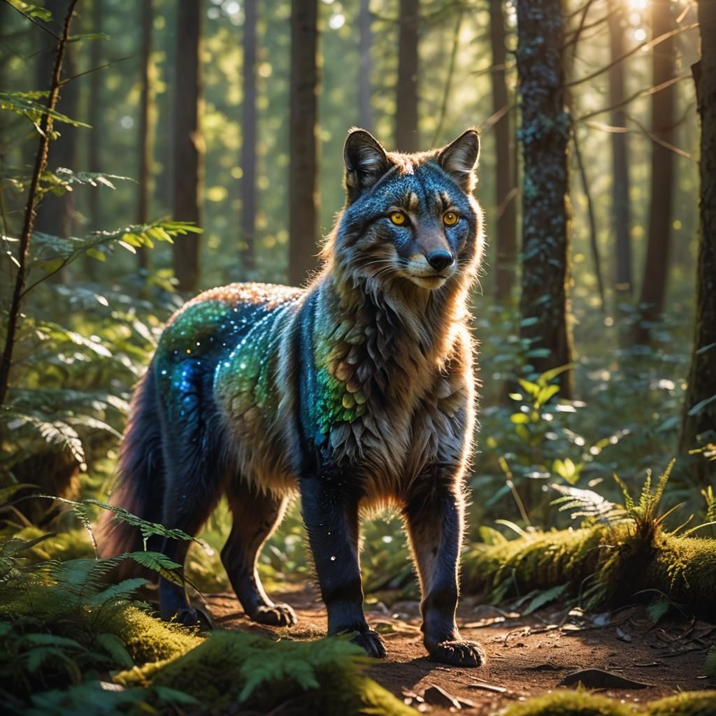 Otherworldly Animal with Iridescent Fur in Forest Clearing