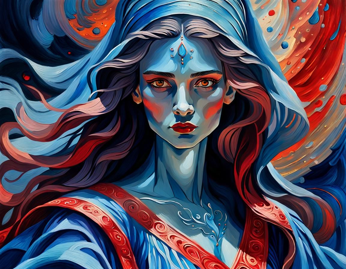 Sorceress in Blue Gown with Red Glow: Impressionist Painting